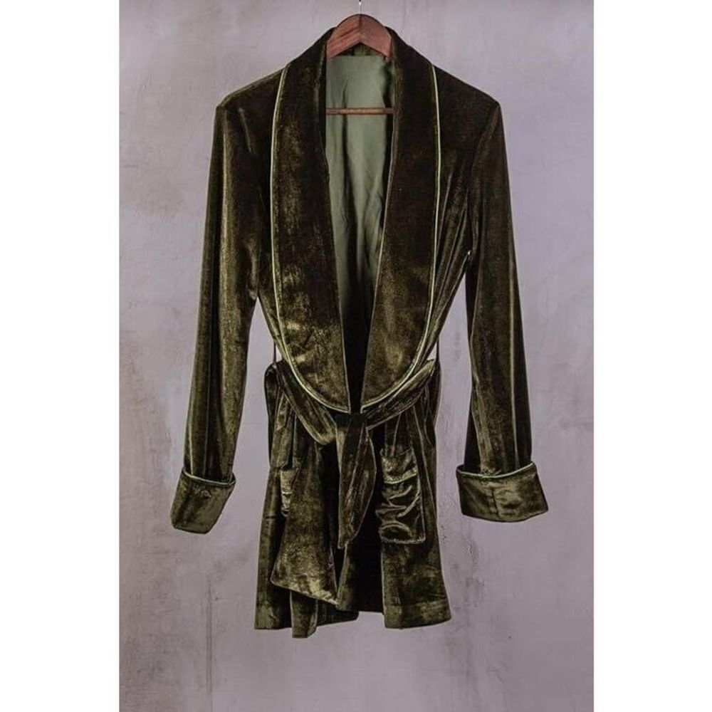 KING OF CHRISTMAS Women's 4 Piece Luxury Olive Green Velvet Robe Lounge Pajamas - Picture 3 of 8